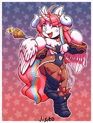 Size: 3072x4096 | Tagged: safe, artist:jisito, imported from derpibooru, oc, oc only, oc:nekonin, alicorn, anthro, arm hooves, boots, breasts, busty boy, chest fluff, clothes, collar, cosplay, costume, demon horns, disgaea, femboy, gradient background, horns, intersex, leotard, male, pantyhose, priere, scepter, shoes, solo