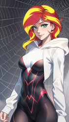 Size: 864x1536 | Tagged: safe, imported from derpibooru, sunset shimmer, human, ai assisted, ai content, ai generated, bodysuit, breasts, clothes, cosplay, costume, female, generator:novelai, generator:stable diffusion, gradient background, hood, hoodie, humanized, looking at you, marvel, marvel cinematic universe, prompter:sammykun, reasonably sized breasts, short hair, solo, spider web, spider-gwen, standing, superhero