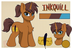 Size: 3040x2097 | Tagged: safe, artist:joaothejohn, imported from derpibooru, oc, oc:inkquill, pony, unicorn, glasses, goggles, horn, looking at you, male, ponytail, reference sheet, simple background, solo, stallion, text, unicorn oc