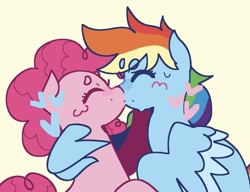 Size: 1389x1064 | Tagged: safe, artist:twipiez, imported from twibooru, pinkie pie, rainbow dash, earth pony, pegasus, pony, comic, eyes closed, female, heart, hug, image, kissing, lesbian, mare, needs more jpeg, pinkiedash, shipping, simple background, winghug