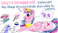 Size: 488x277 | Tagged: safe, artist:makise_homura, derpibooru exclusive, imported from derpibooru, twilight sparkle, alicorn, pony, fanfic:the enchanted library, 1000 hours in ms paint, book, crown, daily reminder, implied rarity, jewelry, motivational, quill, regalia, simple background, thought bubble, white background, writing