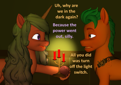 Size: 1534x1080 | Tagged: safe, artist:red4567, imported from derpibooru, hitch trailblazer, izzy moonbow, earth pony, pony, unicorn, 3d, atg 2023, candelabra, candle, candlelight, coat markings, dark, dialogue, duo, female, g5, hoof heart, hoof hold, mare, newbie artist training grounds, socks (coat markings), source filmmaker, unamused, underhoof, unshorn fetlocks, upside-down hoof heart