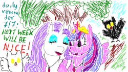 Size: 488x277 | Tagged: safe, artist:makise_homura, derpibooru exclusive, imported from derpibooru, rarity, twilight sparkle, oc, oc:elara, oc:themis, alicorn, pony, unicorn, fanfic:the enchanted library, 1000 hours in ms paint, clinging, crown, daily reminder, forest, golden oaks library, happy, jewelry, motivational, necklace, pendant, regalia, shipping, twilight sparkle (alicorn)