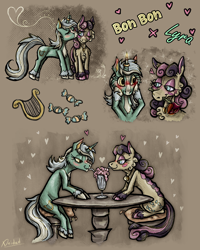 Size: 2160x2700 | Tagged: safe, artist:deidad dissitum, imported from derpibooru, bon bon, lyra heartstrings, sweetie drops, earth pony, pony, unicorn, blushing, cutie mark, drink, duo, duo female, female, flower, lesbian, lyrabon, married couple, redesign, romance, rose, shipping, smooch, smoothie