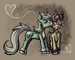 Size: 1021x813 | Tagged: safe, artist:deidad dissitum, imported from derpibooru, bon bon, lyra heartstrings, sweetie drops, earth pony, pony, unicorn, female, lesbian, lyrabon, shipping, smooch