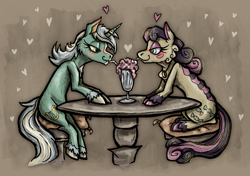 Size: 1125x794 | Tagged: safe, artist:deidad dissitum, imported from derpibooru, bon bon, lyra heartstrings, sweetie drops, earth pony, pony, unicorn, blush sticker, blushing, cheek fluff, colored pinnae, drink, drinking straw, engagement ring, female, heart, horn, horn ring, jewelry, lesbian, lidded eyes, looking at each other, looking at someone, lyrabon, on pillow, profile, ring, romantic, sharing a drink, shipping, sitting, sitting on pillow, smiling, smoothie, table, unshorn fetlocks