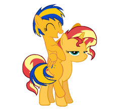 Size: 949x842 | Tagged: safe, artist:mlpfan3991, imported from derpibooru, sunset shimmer, oc, oc:flare spark, pegasus, pony, unicorn, canon x oc, duo, eyes closed, female, flareset, lesbian, ponies riding ponies, riding, shipping, simple background, smiling, sunset shimmer is not amused, transparent background, unamused