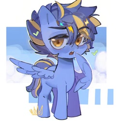 Size: 512x512 | Tagged: safe, artist:panrcillo_jelly, imported from derpibooru, oc, oc only, oc:shining trophy, pegasus, pony, blue mane, chibi, cute, male, male oc, open mouth, sky, solo, stallion, wings, yellow eyes