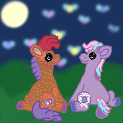 Size: 1200x1200 | Tagged: safe, artist:mintwhistle, imported from derpibooru, tangerine twinkle, twilight twinkle, earth pony, firefly (insect), insect, pony, atg 2023, blurry background, butt, colored hooves, duo, duo female, female, g3, glitter, looking at something, mare, medibang paint, moon, newbie artist training grounds, night, plot, sitting, smiling, translucent, unshorn fetlocks