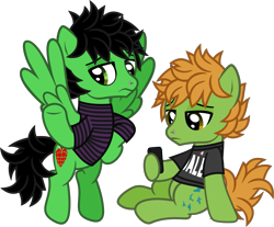 Size: 1719x1421 | Tagged: safe, artist:lightningbolt, derpibooru exclusive, imported from derpibooru, earth pony, pegasus, pony, .svg available, all time low, billie joe armstrong, cellphone, clothes, duo, duo male, flying, frown, green day, hoof hold, hoof on hip, lidded eyes, looking back, looking down, male, nose piercing, phone, piercing, ponified, shirt, show accurate, simple background, sitting, smartphone, spread wings, stallion, striped shirt, svg, t-shirt, transparent background, undershirt, vector, wings, zack merrick