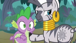 Size: 1920x1080 | Tagged: safe, imported from derpibooru, screencap, spike, zecora, dragon, zebra, molt down, season 8, spoiler:s08, 1080p, butt, cute, duo, female, hoof on chest, male, plot, spikabetes, winged spike, wings, zecorass