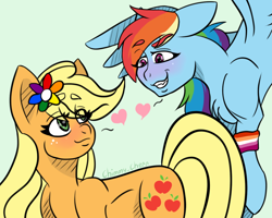 Size: 1280x1024 | Tagged: safe, artist:chimmycherr, imported from derpibooru, applejack, rainbow dash, earth pony, pegasus, pony, appledash, chest fluff, female, freckles, lesbian, mare, pride, pride month, shipping, simple background, smiling, wings