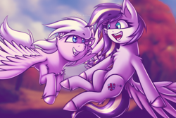 Size: 3000x2000 | Tagged: safe, artist:shad0w-galaxy, imported from derpibooru, oc, oc only, oc:azure serenity, oc:feather spread, pegasus, pony, chest fluff, commission, duo, flying, high res, hooves, looking at each other, looking at someone, open mouth, patreon, patreon reward, smiling, unshorn fetlocks