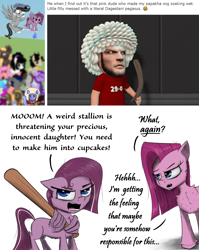 Size: 1850x2324 | Tagged: safe, artist:chopsticks, artist:count oxymagomedov sear, imported from derpibooru, pinkie pie, oc, oc:chopsticks, oc:cookie cutter, earth pony, human, pegasus, pony, derpibooru community collaboration, ask cookie cutter, baseball bat, beard, cheek fluff, chest fluff, dialogue, ear fluff, evil grin, facial hair, fangs, female, filly, floppy ears, flying, foal, grin, hat, khabib nurmagomedov, looking at you, male, papakha, pinkamena diane pie, smiling, stallion, text, this will end in death, this will end in tears, this will end in tears and/or death, threat, ufc, unshorn fetlocks, water balloon, waving, wig, wing hands, wings, yelling