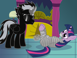 Size: 8192x6170 | Tagged: safe, artist:cardshark777, imported from derpibooru, twilight sparkle, oc, oc:blackspirit, alicorn, pony, alicorn oc, bed, bondage, bound and gagged, confused, digital art, duct tape, duo, duo male and female, female, folded wings, gag, gift art, hidden eyes, horn, horn ring, jewelry, lamp, magic, magic suppression, male, mummification, pillow, ring, smiling, smirk, standing, sunglasses, tape, tape bondage, tape gag, telekinesis, tied up, twilight sparkle (alicorn), two toned mane, wings, wrapped up