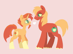 Size: 929x694 | Tagged: safe, artist:glowfangs, imported from derpibooru, big macintosh, sunburst, earth pony, pony, unicorn, duo, duo male, gay, heart, lineless, looking at each other, looking at someone, macburst, male, missing accessory, shipping, simple background, size difference, stallion