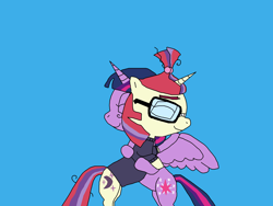 Size: 2000x1500 | Tagged: safe, artist:blazewing, imported from derpibooru, moondancer, twilight sparkle, alicorn, unicorn, amending fences, season 5, atg 2023, bipedal, blue background, clothes, drawpile, duo, eyes closed, female, forgiveness, glasses, hug, mare, messy mane, messy tail, newbie artist training grounds, scene interpretation, simple background, smiling, sweater, tail, twilight sparkle (alicorn)