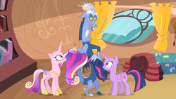 Size: 1920x1080 | Tagged: safe, imported from derpibooru, screencap, discord, princess cadance, twilight sparkle, alicorn, draconequus, pony, season 4, three's a crowd, bald, bed, bedroom, blue flu, book, bookshelf, crown, curtains, female, folded wings, g4, golden oaks library, hair, hoof shoes, horn, indoors, jewelry, lidded eyes, looking down, looking up, male, mane, mare, open mouth, open smile, princess shoes, regalia, sisters-in-law, smiling, tail, trio, twilight sparkle (alicorn), window, wings