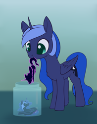 Size: 1620x2070 | Tagged: safe, artist:dusthiel, imported from derpibooru, nightmare moon, princess luna, tantabus, pony, atg 2023, female, jar, mare, micro, mouth hold, newbie artist training grounds