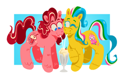 Size: 1280x815 | Tagged: safe, artist:msponies, imported from derpibooru, pretty pop, soda float, earth pony, pony, cheek to cheek, drink, duo, g3, milkshake, raised hoof, straw, straw in mouth