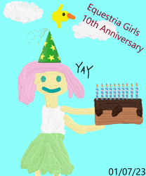 Size: 1000x1200 | Tagged: safe, artist:miky94c, derpibooru exclusive, imported from derpibooru, fluttershy, bird, equestria girls, 1000 hours in ms paint, anniversary, cake, candle, chocolate, chocolate cake, equestria girls 10th anniversary, food, paint 3d, smiley face, yay