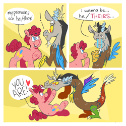 Size: 1650x1650 | Tagged: safe, artist:msponies, imported from derpibooru, discord, pinkie pie, draconequus, earth pony, pony, 3 panel comic, blushing, comic, crying, discopie, exclamation point, female, grammar error, male, nonbinary, pronouns, shipping, short mane, speech bubble, straight