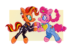 Size: 1280x914 | Tagged: safe, artist:msponies, imported from derpibooru, pinkie pie, sunset shimmer, earth pony, pony, unicorn, alternate hairstyle, bandaid, bisexual, bracelet, braces, choker, clothes, crayon, duo, dyed mane, ear piercing, earring, female, jewelry, lesbian, necklace, nonbinary, nonbinary pride flag, nose piercing, nose ring, overalls, piercing, pride, pride flag, punk, punkset shimmer, shaved, shipping, sunsetpie, watch, wristwatch