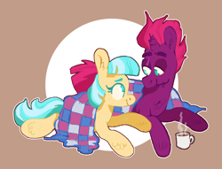 Size: 1280x979 | Tagged: safe, artist:msponies, imported from derpibooru, coco pommel, tempest shadow, earth pony, pony, unicorn, coffee cup, crack shipping, cup, duo, female, looking at each other, looking at someone, male, quilt, shipping, straight, tempestpommel, trans male, transgender