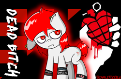 Size: 2500x1622 | Tagged: safe, artist:scarletdoodle, imported from derpibooru, oc, oc only, oc:scarlet breeze, complex background, ear piercing, emo, green day, lip piercing, male, piercing, red eyes, red mane, snake bites, solo, solo male, stallion, text, white coat, wristband