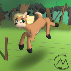 Size: 3200x3200 | Tagged: safe, artist:maître cervidé, imported from derpibooru, oc, oc:gaia, original species, blonde hair, doe, female, fence, forest, gift art, jumping, solo, solo female