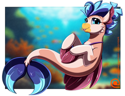 Size: 2909x2250 | Tagged: safe, artist:pridark, imported from derpibooru, oc, oc only, classical hippogriff, hippogriff, seapony (g4), beak, blue eyes, blue mane, blue tail, blurry background, bubble, commission, coral, crepuscular rays, cute, digital art, dorsal fin, eyelashes, female, fin, fin wings, fins, fish tail, floppy ears, flowing mane, flowing tail, g4, high res, jewelry, looking at you, necklace, ocean, patreon, seaponified, seaweed, smiling, smiling at you, solo, species swap, sunlight, swimming, tail, underwater, water, wings