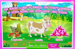 Size: 1680x1111 | Tagged: safe, imported from derpibooru, mooriella, cow, apple, costs real money, female, food, gameloft, gem, solo