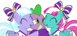 Size: 1280x601 | Tagged: safe, edit, editor:undeadponysoldier, imported from ponybooru, lilac sky, spike, spring step, sunlight spring, dragon, pegasus, pony, bow, cheerleader, cute, daaaaaaaaaaaw, female, hair bow, happy, heartwarming, male, mare, siblings, simple background, spikabetes, spikelove, transparent background, twins, vector, wholesome