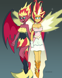 Size: 4800x6000 | Tagged: safe, artist:cadenreigns, imported from derpibooru, sunset shimmer, demon, human, equestria girls, equestria girls (movie), equestria girls series, blouse, breasts, busty sunset shimmer, clothes, daydream shimmer, duality, duo, duo female, equestria girls 10th anniversary, female, glowing, glowing horn, horn, skirt, smiling, smirk, spread wings, stare, tail, wings