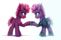 Size: 1200x800 | Tagged: safe, artist:zeepheru_pone, imported from derpibooru, fizzlepop berrytwist, tempest shadow, pony, unicorn, armor, atg 2023, broken horn, chest fluff, ear fluff, female, horn, looking at each other, looking at someone, mare, newbie artist training grounds, simple background, white background