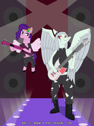 Size: 3000x4000 | Tagged: safe, artist:khazard, imported from derpibooru, pipp petals, pegasus, pony, alternate clothes, atg 2023, crossover, fang (goodbye volcano high), female, g5, goodbye volcano high, guitar, musical instrument, my little pony: make your mark, my little pony: tell your tale, newbie artist training grounds, snoot game, speaker, stage, stage light