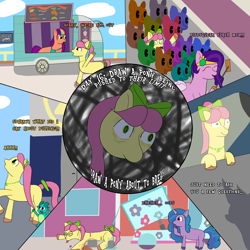 Size: 4000x4000 | Tagged: safe, artist:khazard, imported from derpibooru, izzy moonbow, pipp petals, sunny starscout, zipp storm, earth pony, pegasus, pony, unicorn, absurd resolution, atg 2023, breakdown, female, flash mob, g5, implied hitch trailblazer, interrogation, maretime bay, my little pony: make your mark, my little pony: tell your tale, newbie artist training grounds, posey bloom, posey can't catch a break, sparky sparkeroni