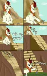 Size: 2500x4000 | Tagged: safe, artist:khazard, imported from derpibooru, autumn blaze, kirin, ace ventura, atg 2023, bored, female, high res, newbie artist training grounds, pogchamp, sitting, slinky, solo, stairs