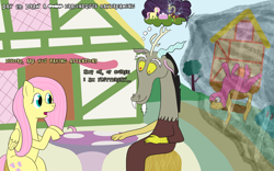 Size: 4000x2500 | Tagged: safe, artist:khazard, imported from derpibooru, discord, fluttershy, lily, lily valley, atg 2023, building, chaos, daydream, food, high res, newbie artist training grounds, ponyville, restaurant, sitting, table, tea