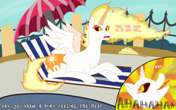 Size: 4000x2500 | Tagged: safe, artist:khazard, imported from derpibooru, daybreaker, alicorn, pony, atg 2023, beach chair, chair, fan, fanning, female, fence, fire, high res, laughing, lying down, mane of fire, newbie artist training grounds, poolside, solo, umbrella