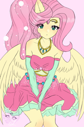 Size: 2000x3000 | Tagged: safe, artist:annixell, imported from derpibooru, fluttershy, human, equestria girls, bare shoulders, clothes, dress, evening gloves, eye clipping through hair, female, gloves, high res, jewelry, long gloves, looking at you, necklace, pink background, ponied up, simple background, solo, tiara