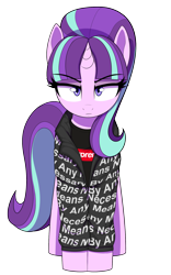 Size: 1250x2000 | Tagged: safe, artist:thebatfang, starlight glimmer, pony, unicorn, clothes, drip, fashion, female, jacket, looking at you, looking up, looking up at you, mare, meme, s5 starlight, shirt, simple background, solo, supreme, t-shirt, transparent background