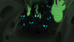 Size: 3840x2160 | Tagged: safe, artist:stellardust, imported from derpibooru, queen chrysalis, changeling, changeling queen, 4k, changeling hive, cocoon, dark, fangs, female, glowing, glowing eyes, glowing horn, high res, horn, speedpaint available