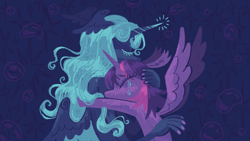 Size: 1362x768 | Tagged: safe, artist:webkinzworldz, imported from derpibooru, princess luna, twilight sparkle, alicorn, anthro, pony, alternate color palette, alternate hairstyle, crying, dark background, duo, duo female, female, hug, lesbian, shipping, spread wings, twiluna, wing ears, wings