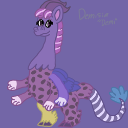 Size: 1000x1000 | Tagged: safe, artist:mintwhistle, imported from derpibooru, oc, oc only, oc:demisia, draconequus, cloven hooves, draconequus oc, feathered fetlocks, female, four arms, horns, medibang paint, multiple arms, nickname, purple background, simple background, smiling, solo, unshorn fetlocks