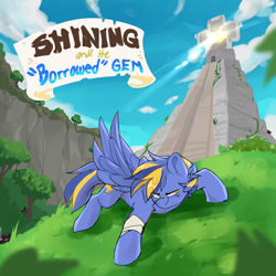 Size: 3000x3000 | Tagged: safe, artist:madiwann, imported from derpibooru, oc, oc only, oc:shining trophy, pegasus, pony, aztec, bandage, book cover, cover, detailed background, determined, gem, jungle, leaves, male, sky, solo, temple, title card