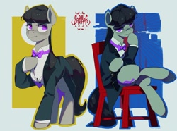 Size: 2300x1709 | Tagged: safe, artist:cadillac-dynamite, imported from derpibooru, octavia melody, earth pony, pony, chair, clothes, crossed legs, dagger, female, sitting, solo, tuxedo, weapon