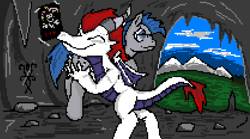 Size: 1252x698 | Tagged: safe, artist:damset, imported from derpibooru, oc, oc only, oc:alika rex, oc:andy feelin, dragon, earth pony, cave, female, forest, glasses, grass, male, mountain, ms paint, pixel art, poster