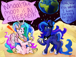 Size: 3200x2400 | Tagged: safe, artist:br0via, imported from derpibooru, princess celestia, princess luna, pony, cheese, earth, food, moon, tangible heavenly object