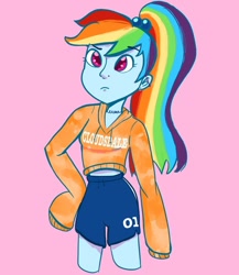 Size: 1024x1182 | Tagged: safe, artist:pettypop, imported from derpibooru, rainbow dash, human, ear piercing, female, humanized, piercing, pink background, simple background, solo